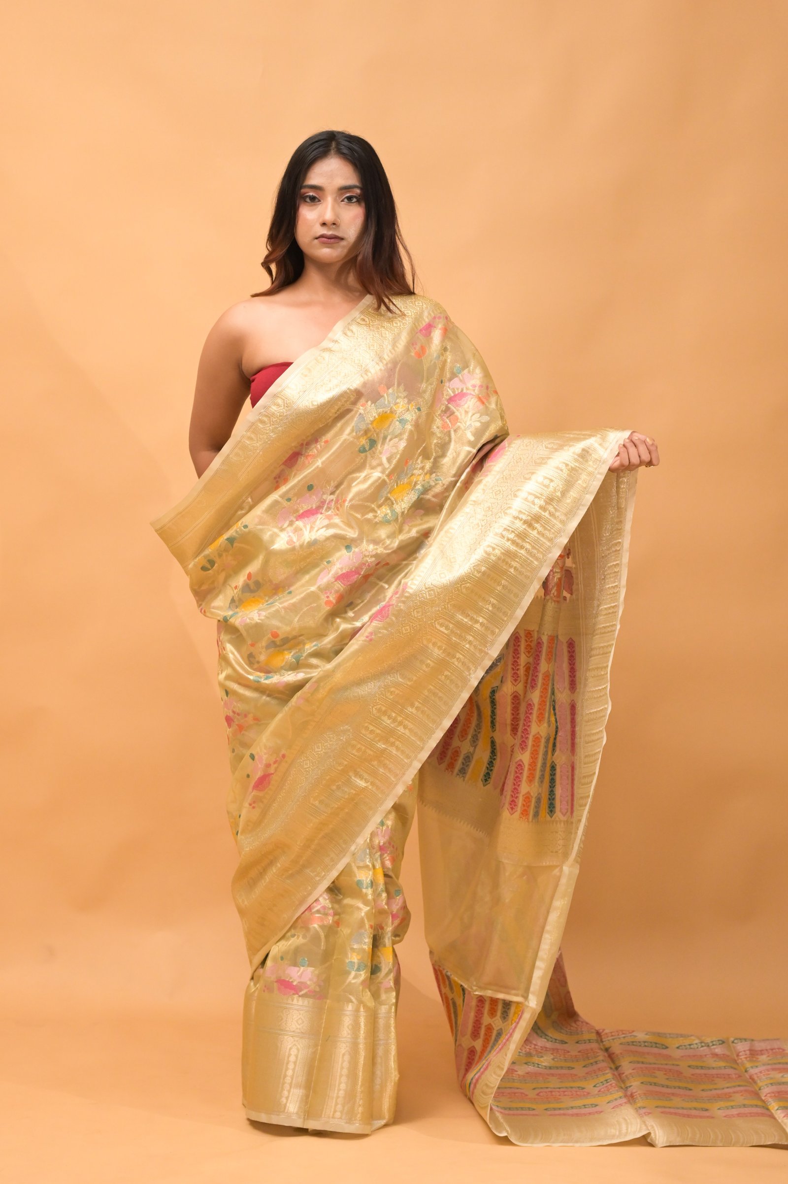 Golden Banarasi Tissue Silk Saree with Multicolor Floral Meenakari Weave With Handwoven Heritage Elegance